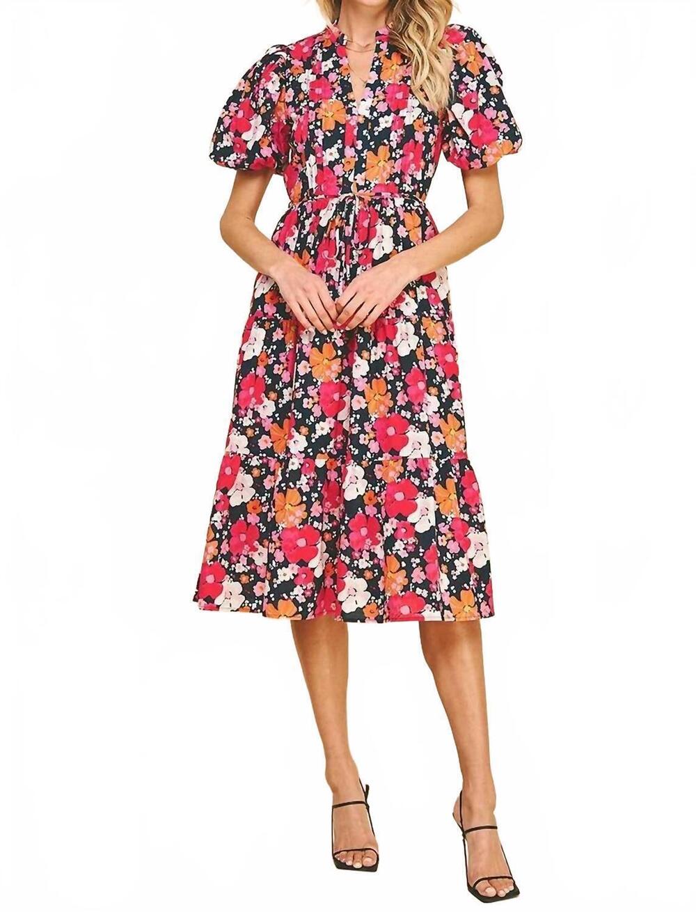 NEW PINCH floral print tiered midi dress in deep multi navy
